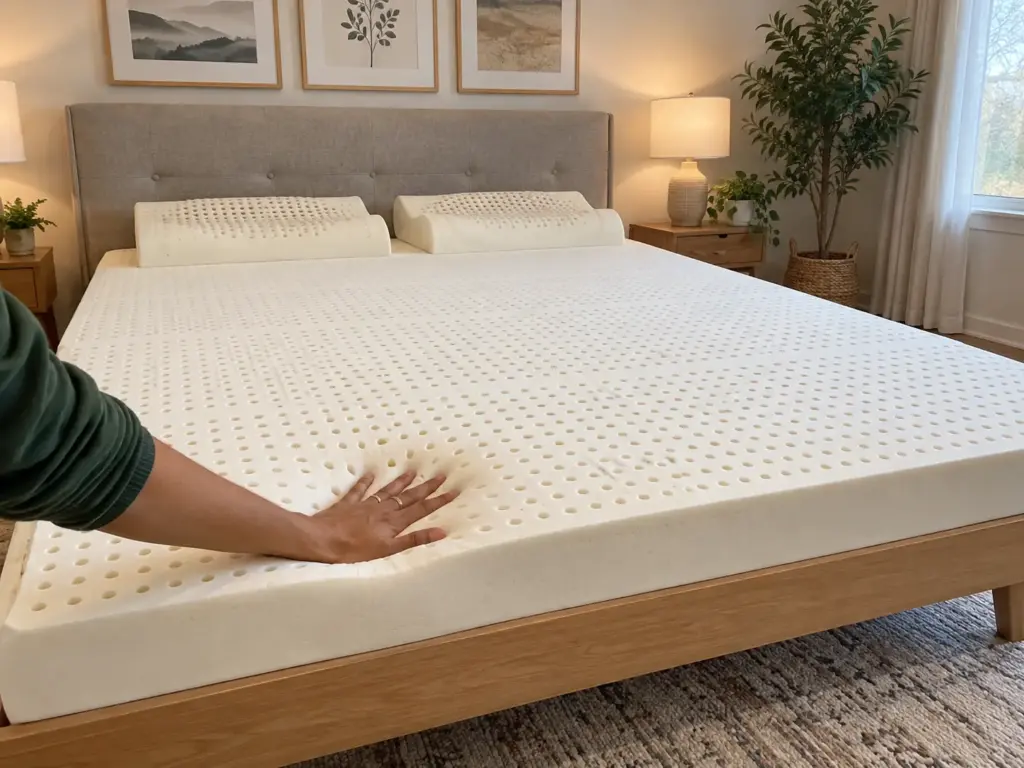 A flat palm presses into a natural latex topper on a queen bed while the surface rises back around the fingers