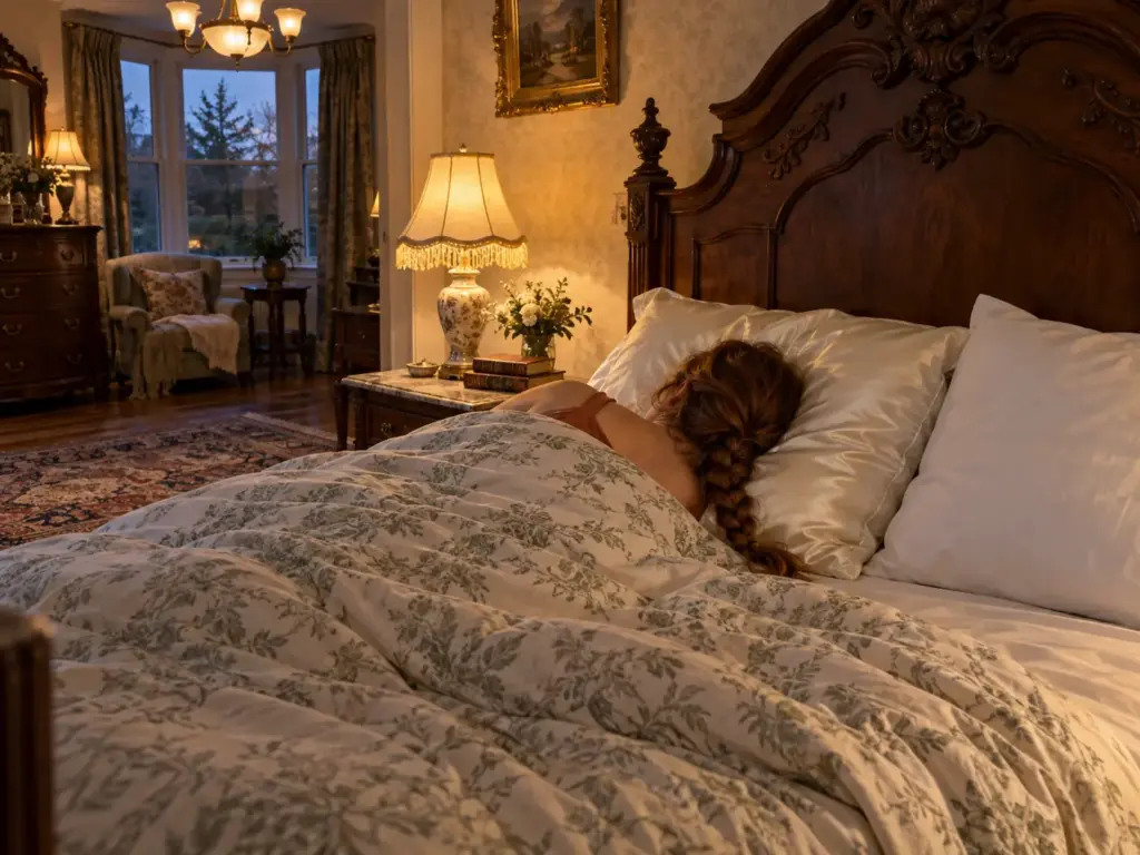 Woman lying on her side facing away with a loose braid resting on an ivory silk pillowcase beside a plain cotton pillow