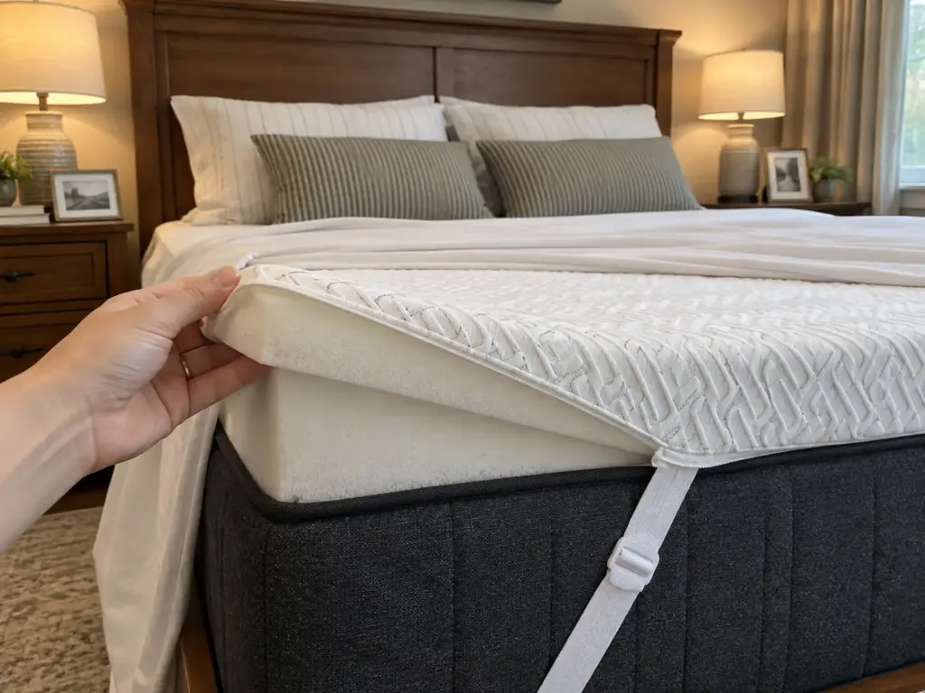 The corner of a gel memory foam topper lifted to show its cut foam edge above the mattress, fitted sheet folded back
