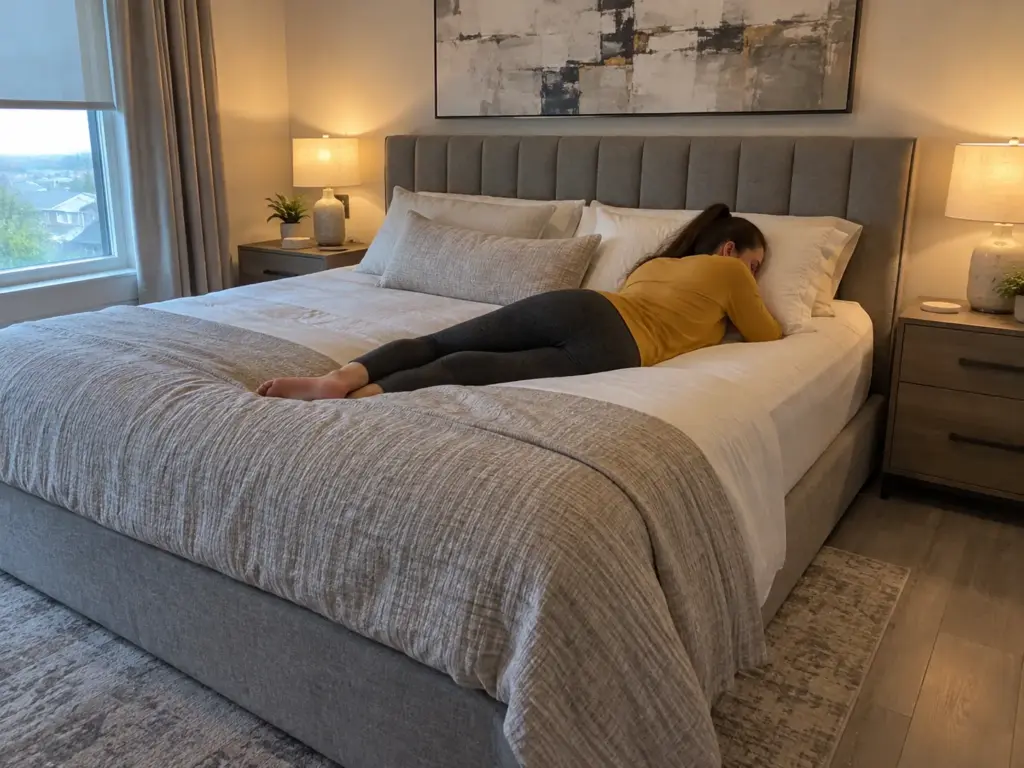 A woman lies on her side on a made bed with a foam topper, her hip sunk into a shallow dip toward the middle