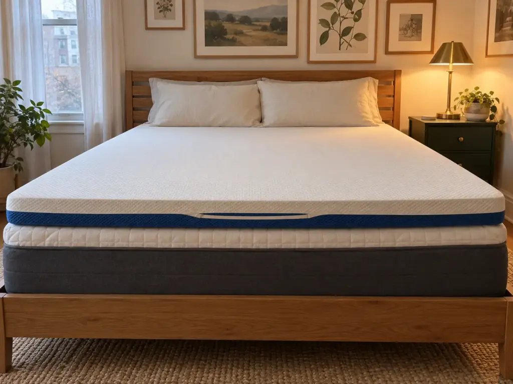 A memory foam topper lies smooth and flat across a queen bed in the raking light of a bedside lamp