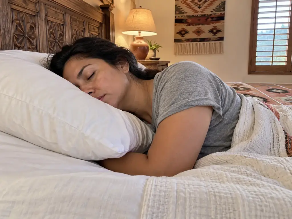 Woman asleep on her side with head and shoulder on a pillow, seen from the foot of the bed in morning light