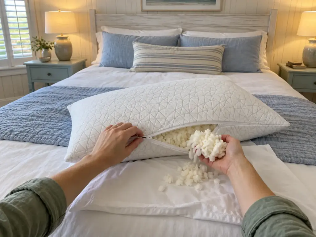Hands opening the zipper of an adjustable-fill pillow to take out a small handful of shredded foam on a made bed