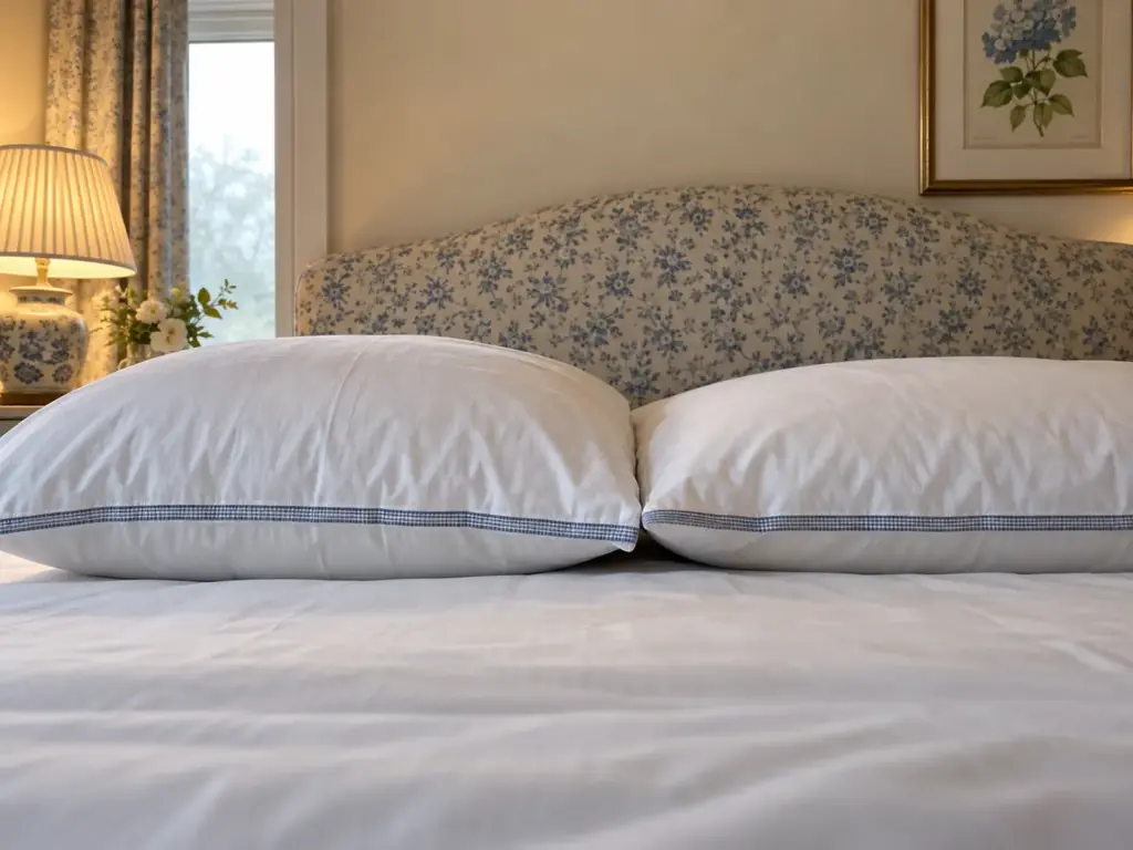 Two hotel-style pillows in matching striped ticking cases side by side on a bed, one a clear inch lower than the other