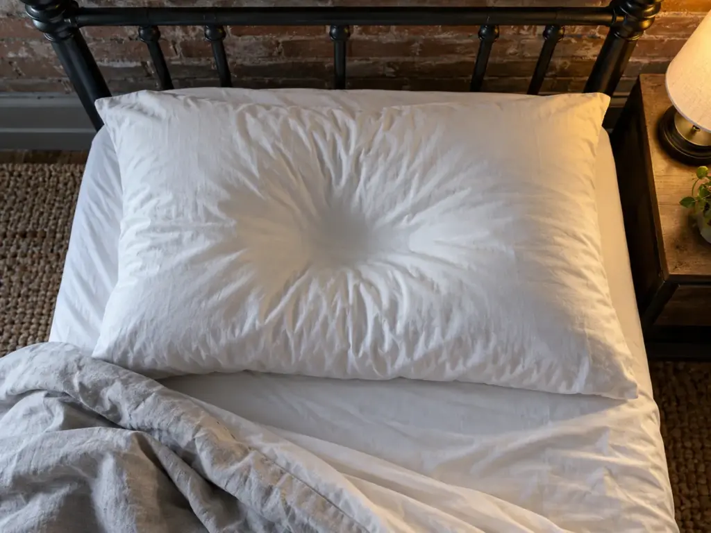Top-down view of a slept-in pillow with a soft hollow in the middle, on a made bed in a loft bedroom