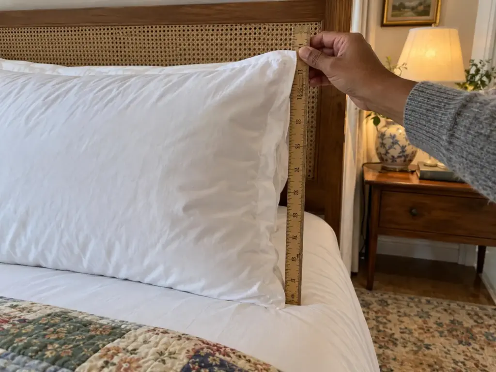 Folding rule held beside a pillow on a made bed to read its height at rest
