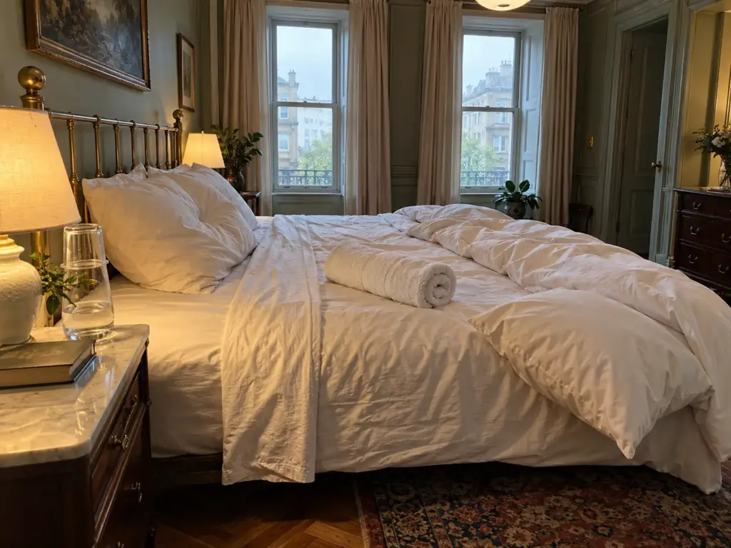 Slept-in bed in the morning with a rolled towel and a pillow that have shifted from where they started