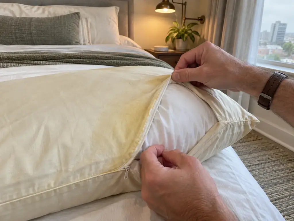 Hands folding back the shell of a pillow at its seam, yellow on the shell face and white fill beyond the line