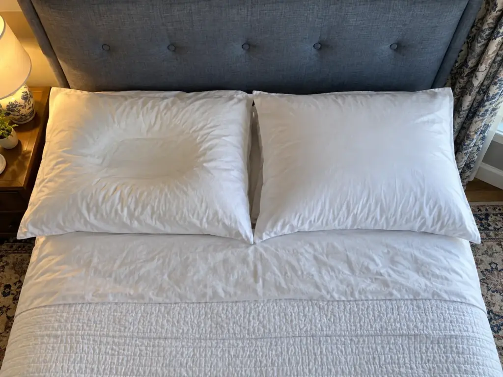 Two white-cased pillows seen from above, one with a packed-down oval in the middle, one full and round