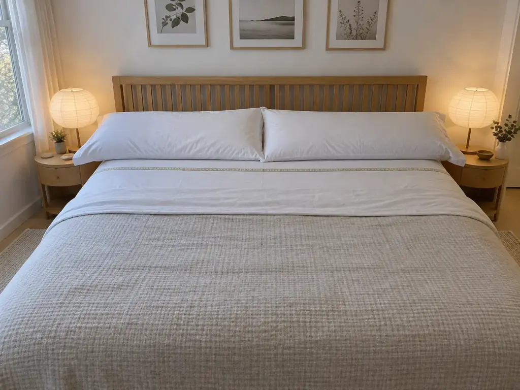 Two long pillows side by side at the head of a queen bed, their outer ends hanging past both mattress edges