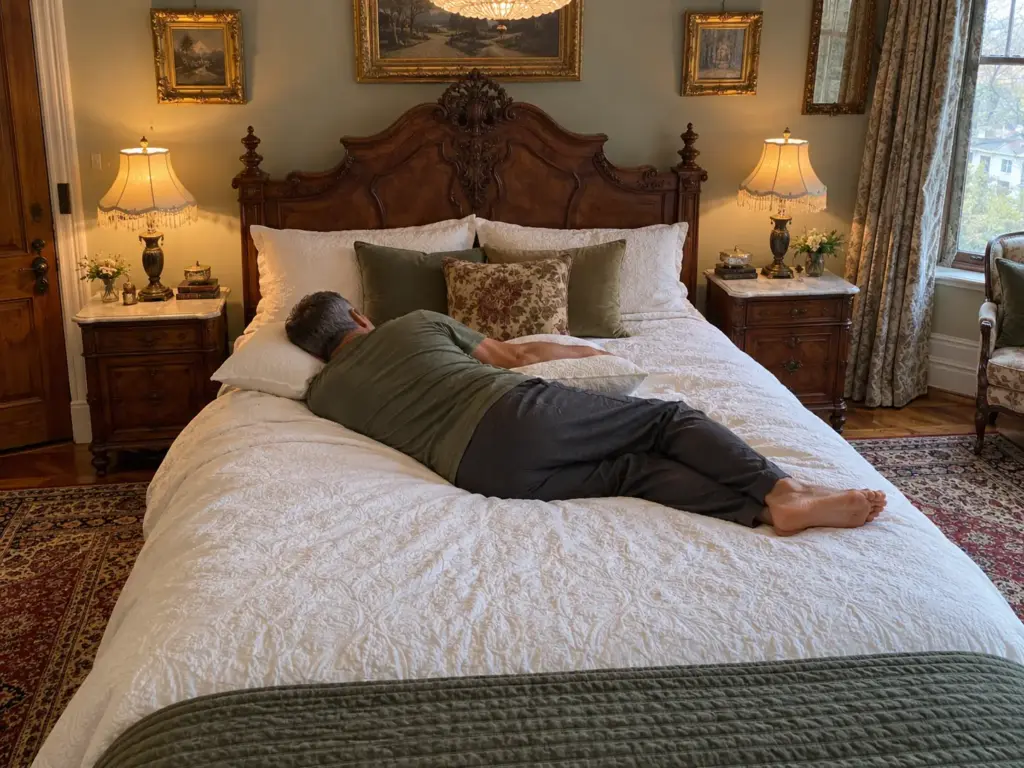 Man lying on his side facing away with his top arm resting on a folded pillow on a made queen bed