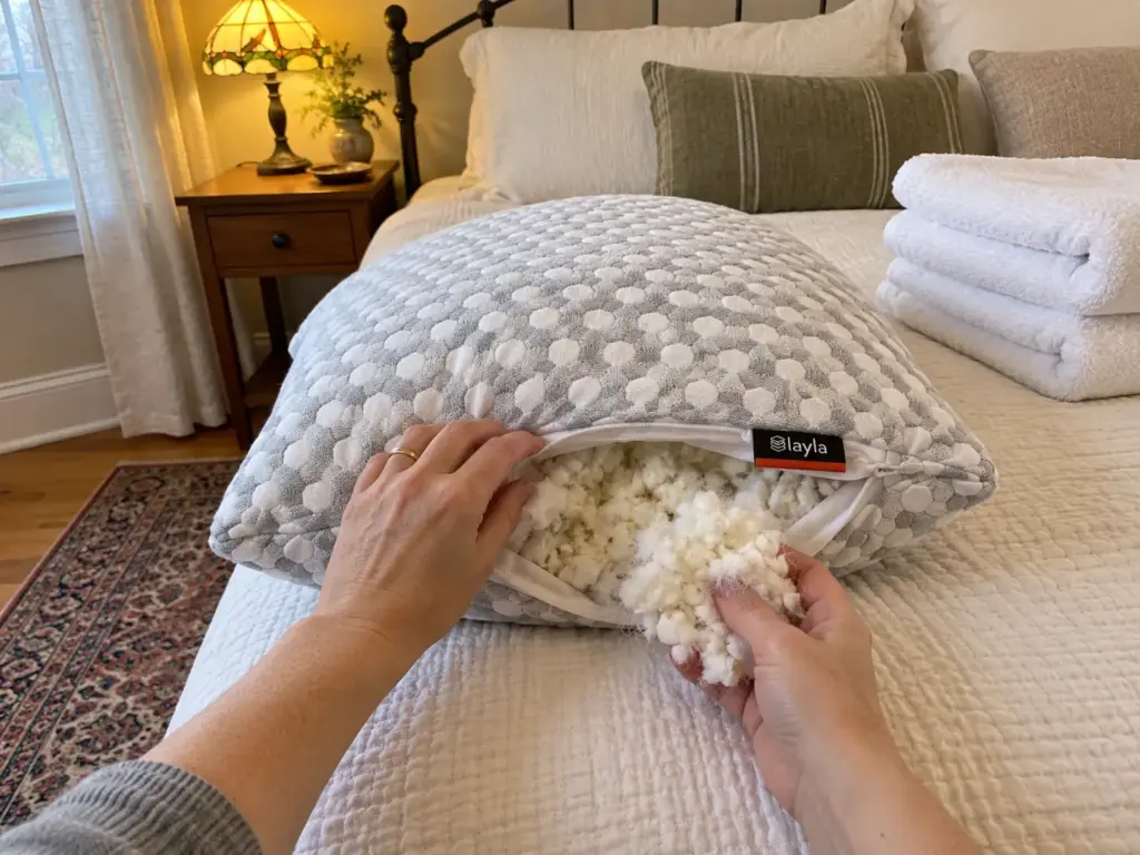 Hands with a wedding band pulling shredded fill from the zipper of an adjustable pillow beside a stack of folded towels