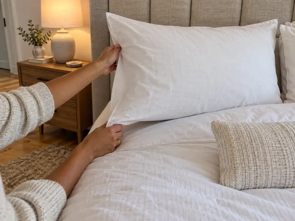 Hands pulling a tall pillow up the bed so its edge sits at the head, with a second pillow lying lower down the bed