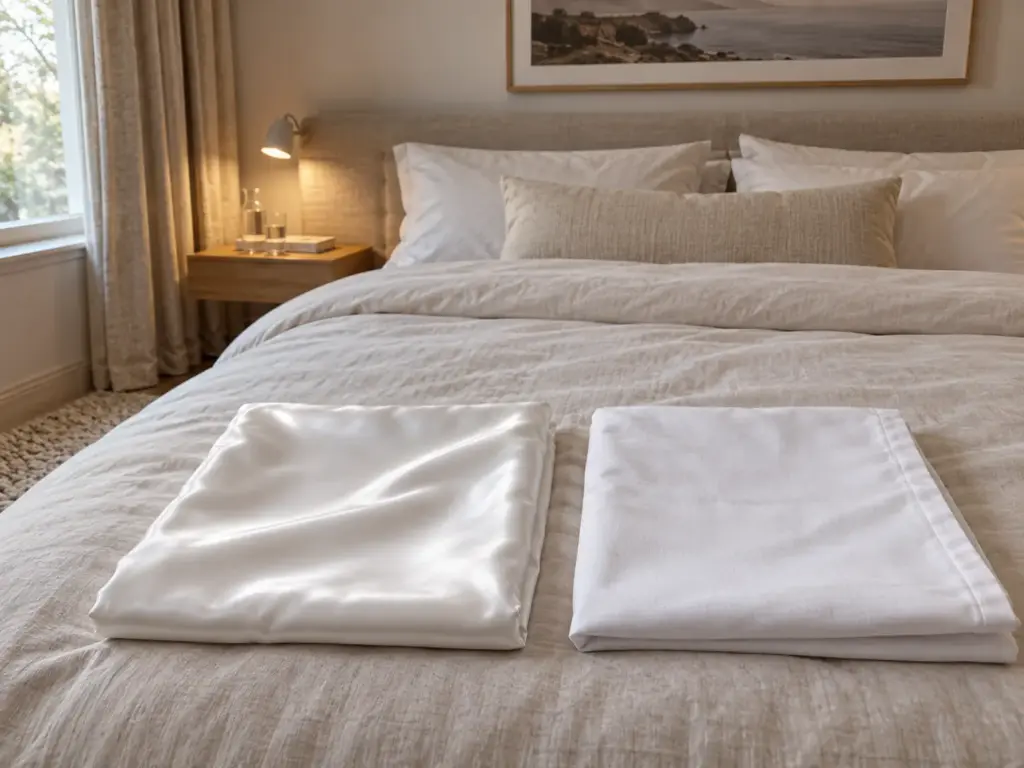 A folded silk pillowcase and a folded matte percale pillowcase side by side on a made bed in morning light