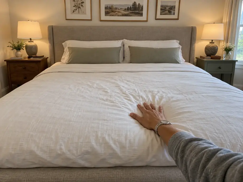 Hand resting flat on a made queen bed at the middle of the mattress where the hips lie, a pillow at the head