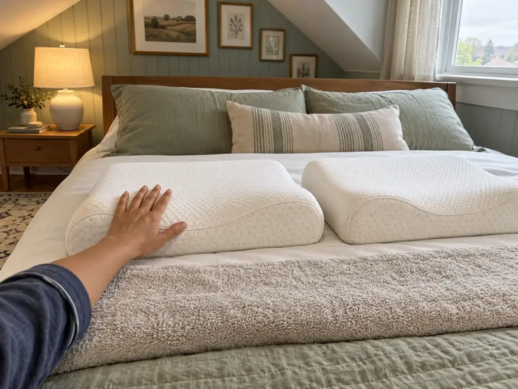 Two firm contour neck pillows lying side by side on a made bed with a folded towel and a hand on one raised wave