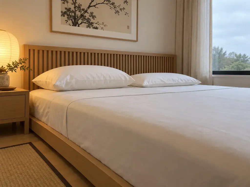 Two pillows side by side on a bed, one tall and thick and one thin and flat, photographed level from the side