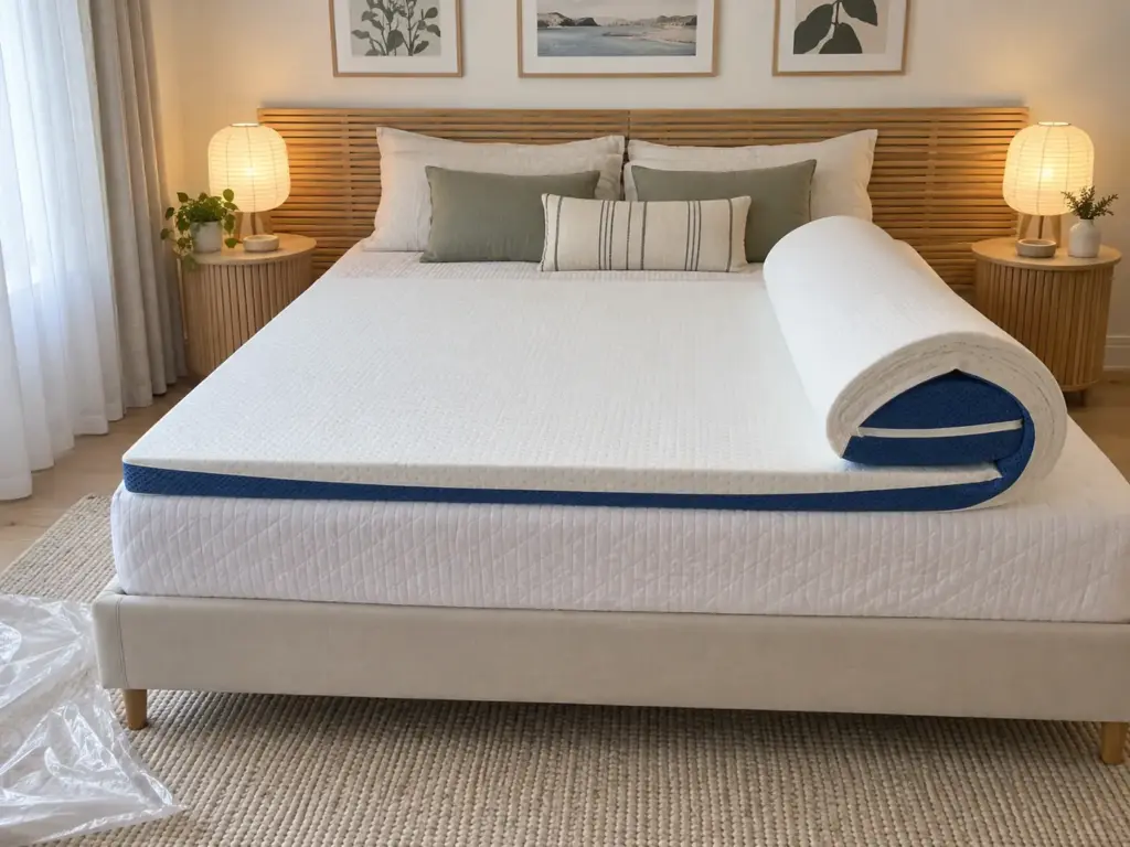 A thick gel memory foam topper unrolled across a queen mattress, the last stretch still curled at the foot of the bed