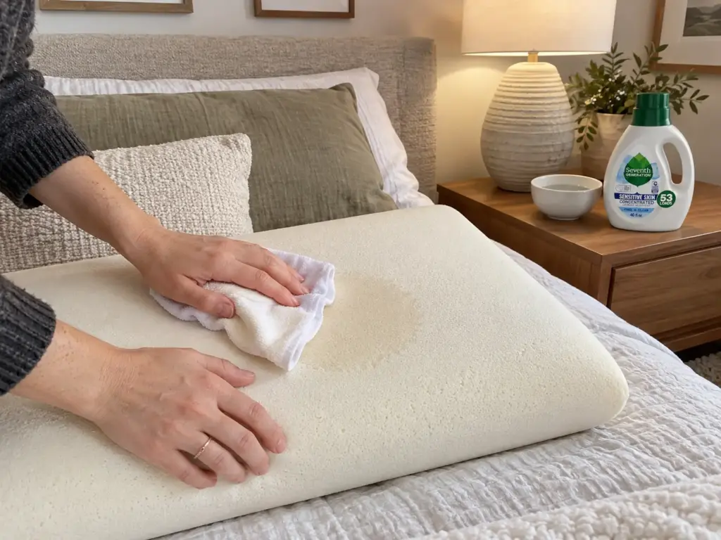 Hands blotting a memory foam pillow with a damp white cloth, a bowl of water and a detergent bottle on the nightstand