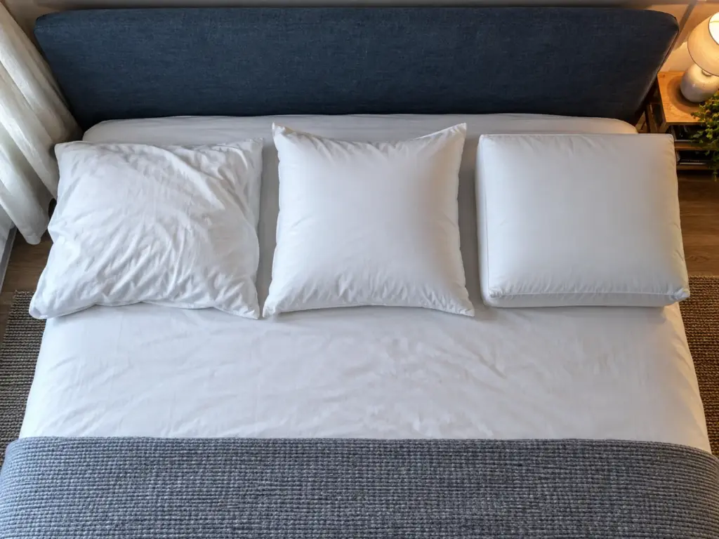 Three bare pillows in white cases side by side on a made bed: one soft and slumped, one springy, one dense and square