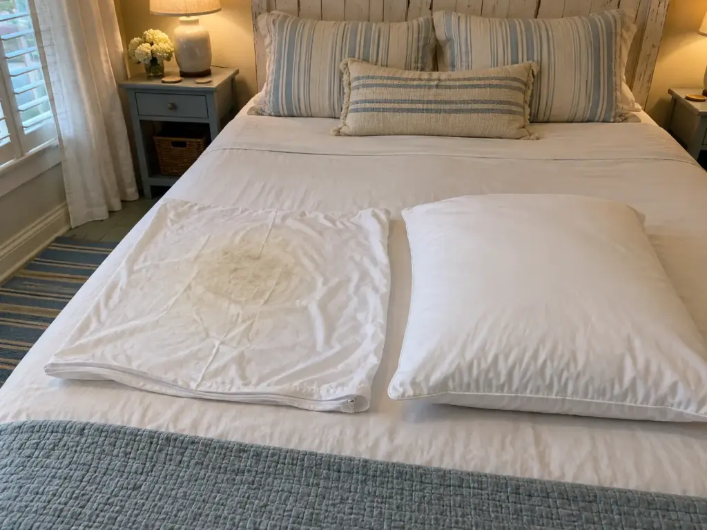 A white cotton protector with a faint cream patch beside its pillow, whose shell stays clean white