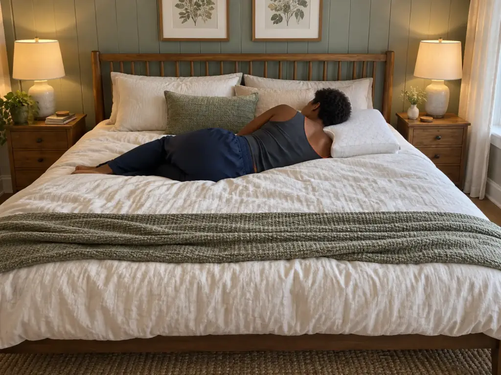 Woman asleep on her side on a cut-out pillow in a farmhouse bedroom, her top shoulder at the pillow's edge