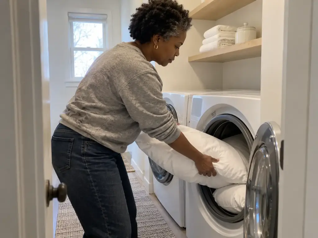 A woman in profile loading two pillows into the open door of a front-loading washer in a bright laundry room