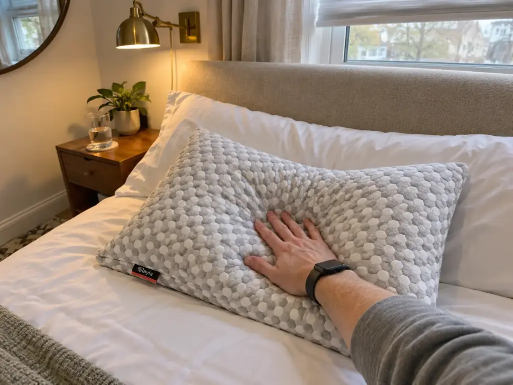A palm pressed into the middle of a soft adjustable-fill pillow that stays dented on a made bed