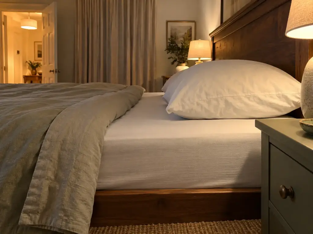 Side view of a pillow resting on a firm mattress with a fitted sheet pulled taut over the mattress edge