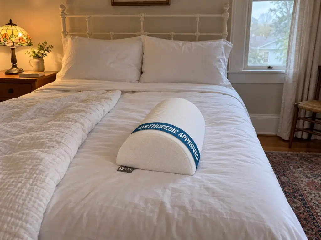 Half-moon knee pillow resting in the middle of a made bed with the duvet folded back beside it