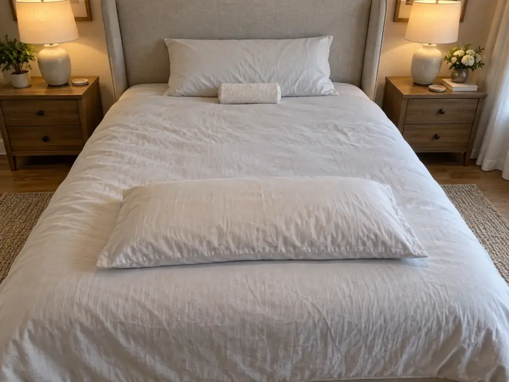Flat pillow with a small rolled towel at its lower edge and a second pillow lying where the knees would rest