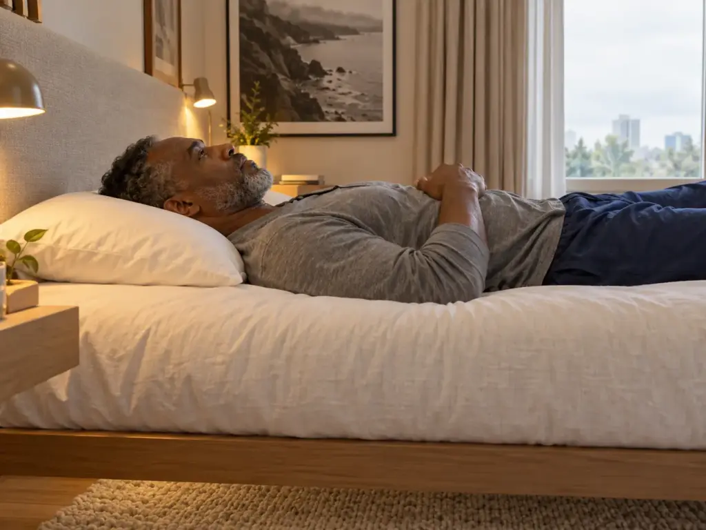 A man lying on his back on a made bed, seen in profile, his shoulders sunk slightly into the mattress beside his pillow