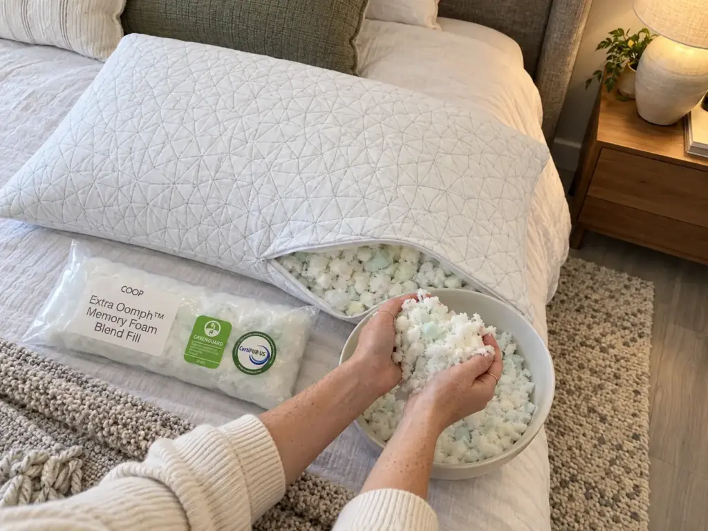 Hands lifting shredded foam fill out of an unzipped adjustable pillow into a white bowl on a made bed