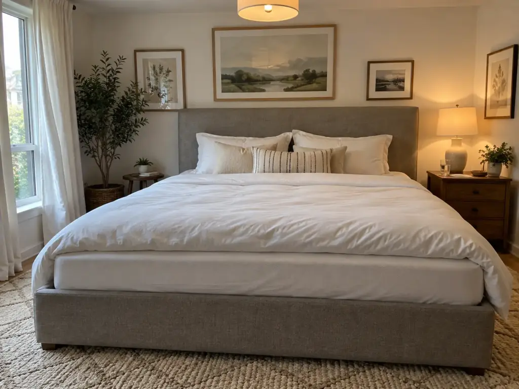 A made queen bed with the window opened a hand's width and the curtain lifting in a bright rental bedroom