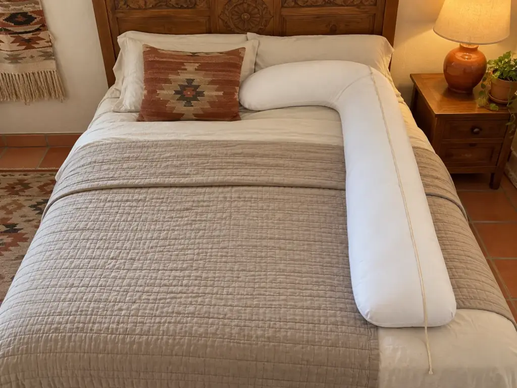 J-shaped body pillow on a made bed with a length of cotton string stretched along its long side to show how far it reaches