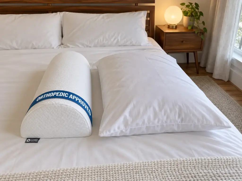 White half-moon knee bolster lying on a made bed at the foot, beside a standard pillow for scale
