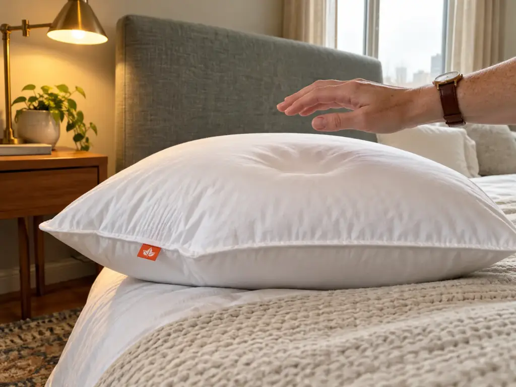 White down pillow rising back to a round shape under a hand that has just been lifted from its top