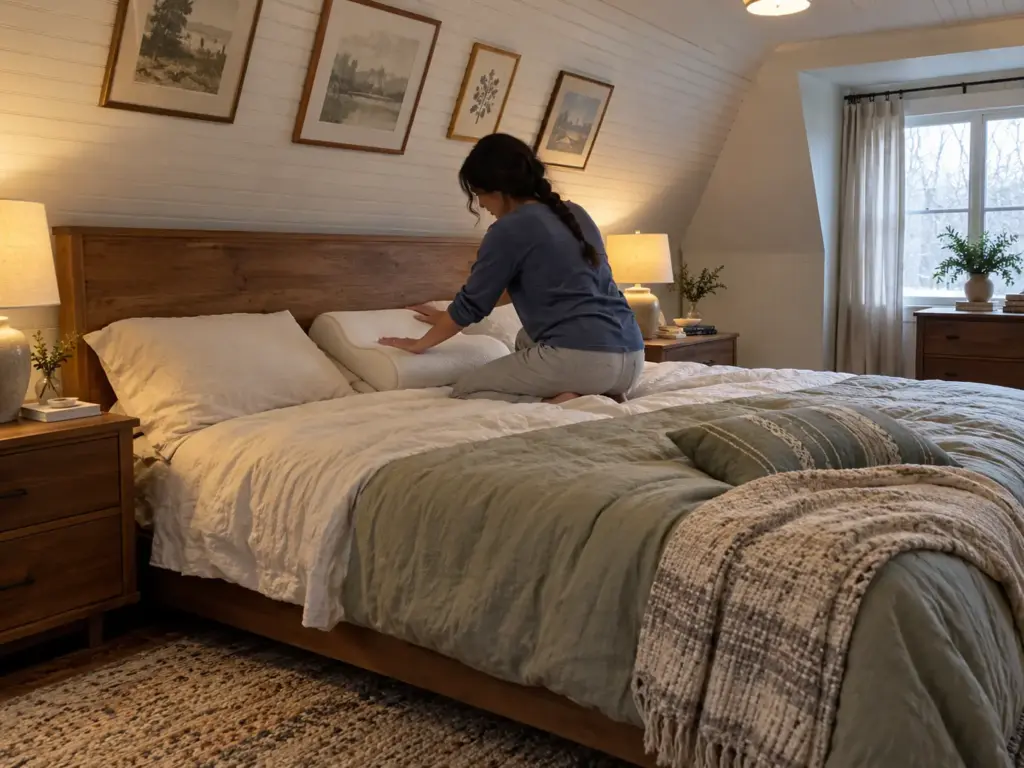 Woman kneeling on a bed smoothing a contoured pillow back into place against the headboard, seen three-quarter from behind