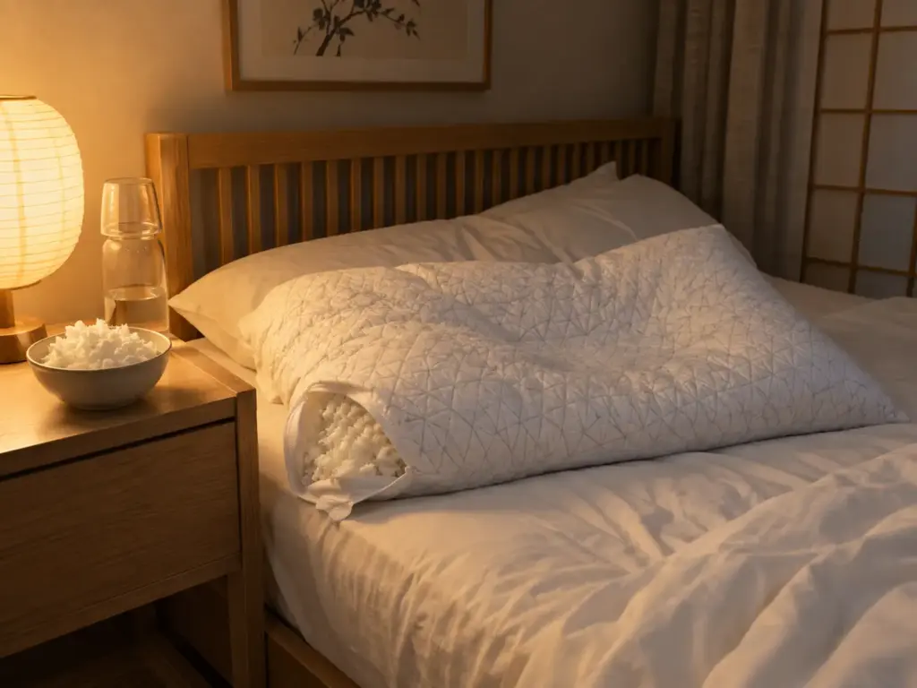 Flattened adjustable pillow with its zip open beside a ceramic bowl of shredded foam under a lit bedside lamp at night