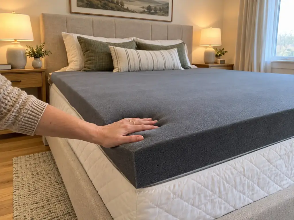 A hand presses a flat palm into a thick dense foam mattress topper laid on a bed, the foam slowly rising back around it