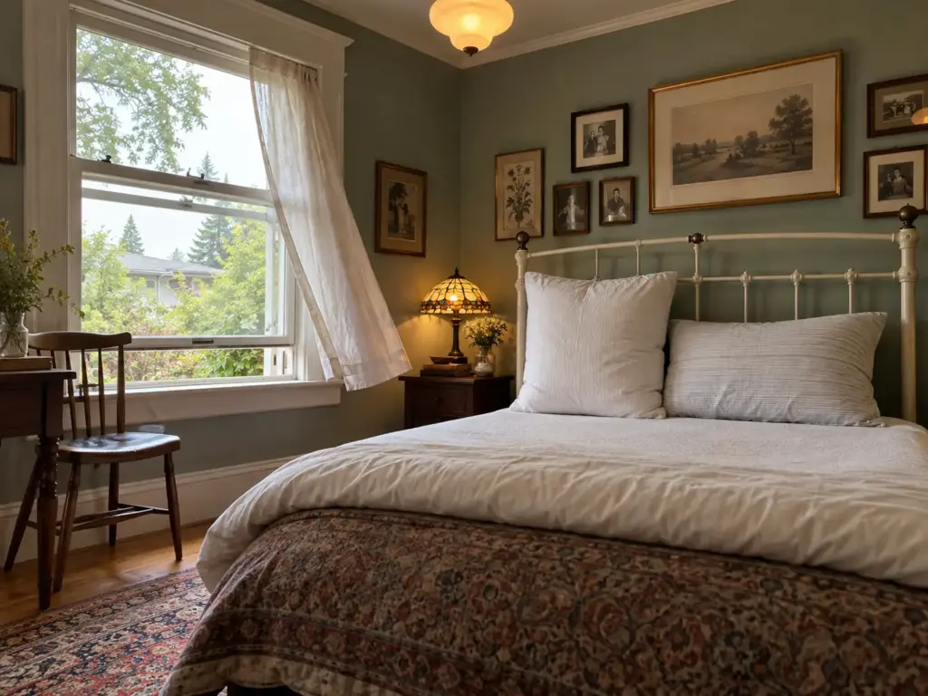 Two pillows standing upright on a stripped bed with the sash window open and the curtain lifting in a bungalow bedroom
