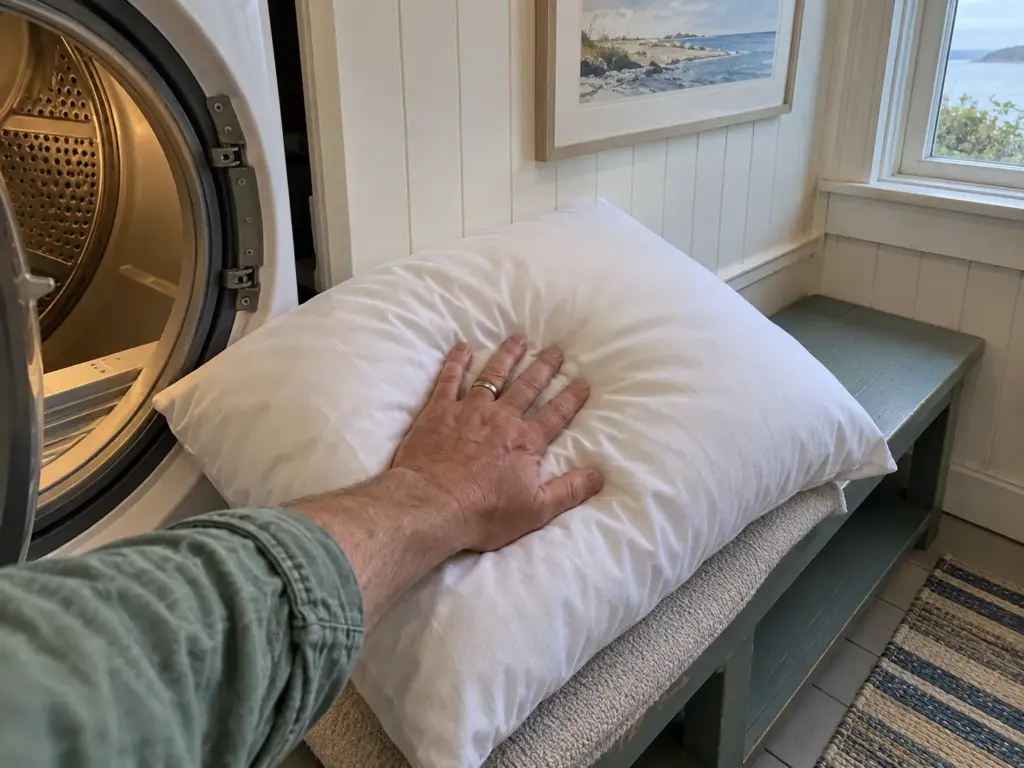 A hand pressing the center of a pillow lying on a folded towel at the open door of a dryer