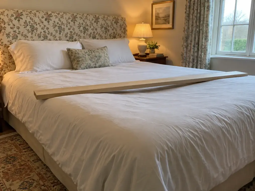 A long straight wooden board laid across a made bed, the sheet dipping in a shallow bowl under its middle