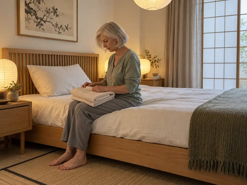 Woman in her sixties folding a bath towel on the edge of a made bed beside a pillow, in profile and looking down