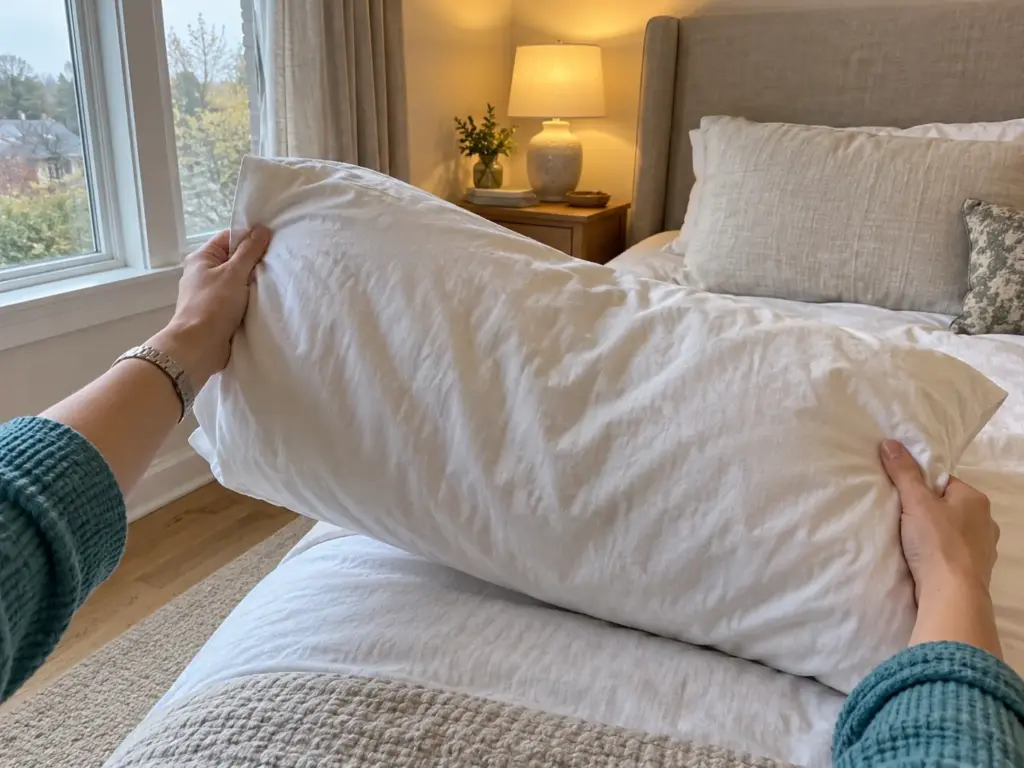A hand lifting one end of a bed pillow toward the window light to look it over by sight before washing it