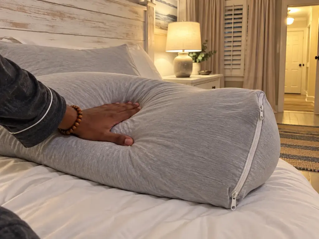 Hands pressing a pillow in a knit protector, air bulging toward the zipper end like a balloon