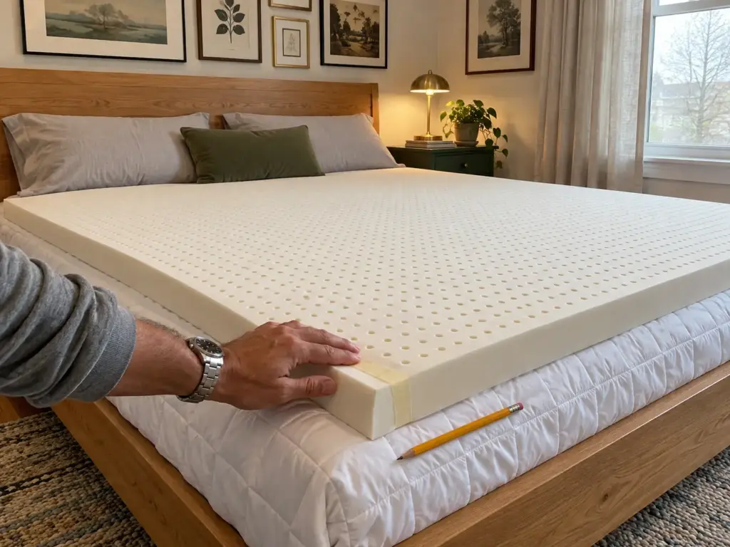 A hand presses a strip of painter's tape onto one corner of a natural latex topper on a queen bed to mark its head end