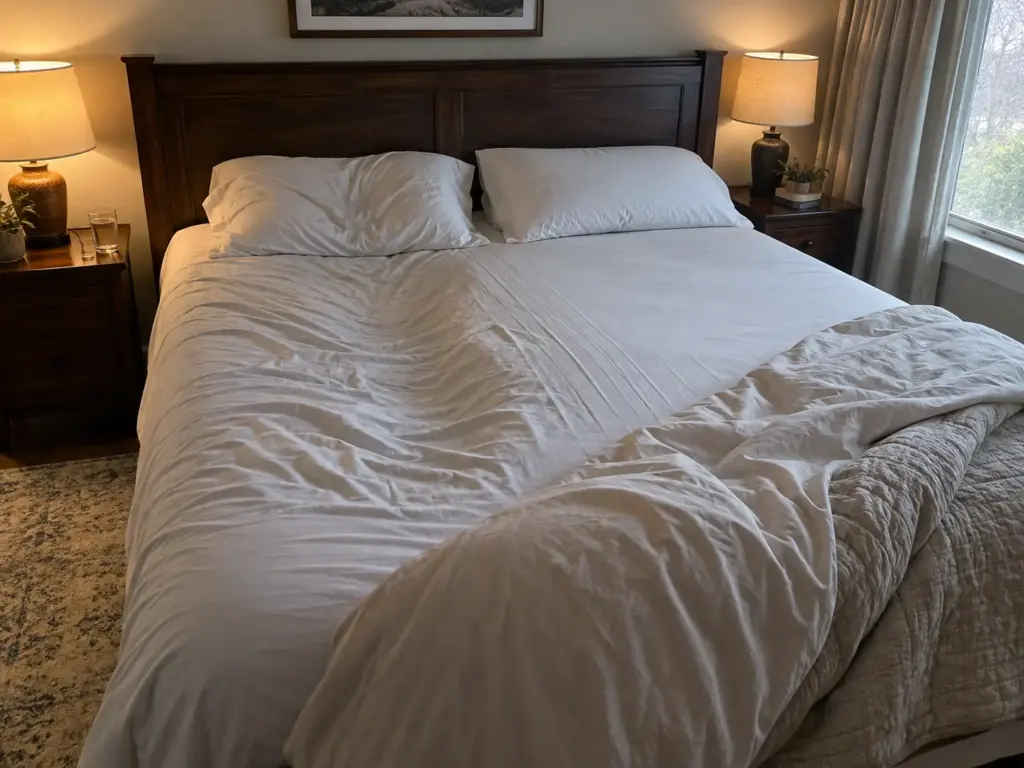 A shallow hollow in the sheet along the slept-in side of a queen bed beside a dented pillow, seen from the foot