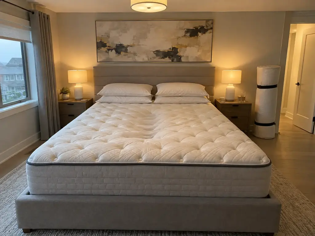 A foam topper rolled and strapped upright beside a bare queen mattress that shows a shallow hollow in the afternoon light