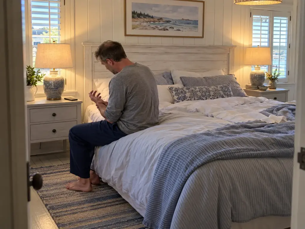A man sitting on the edge of a queen bed in the morning, shaking out his right hand with his left holding the wrist